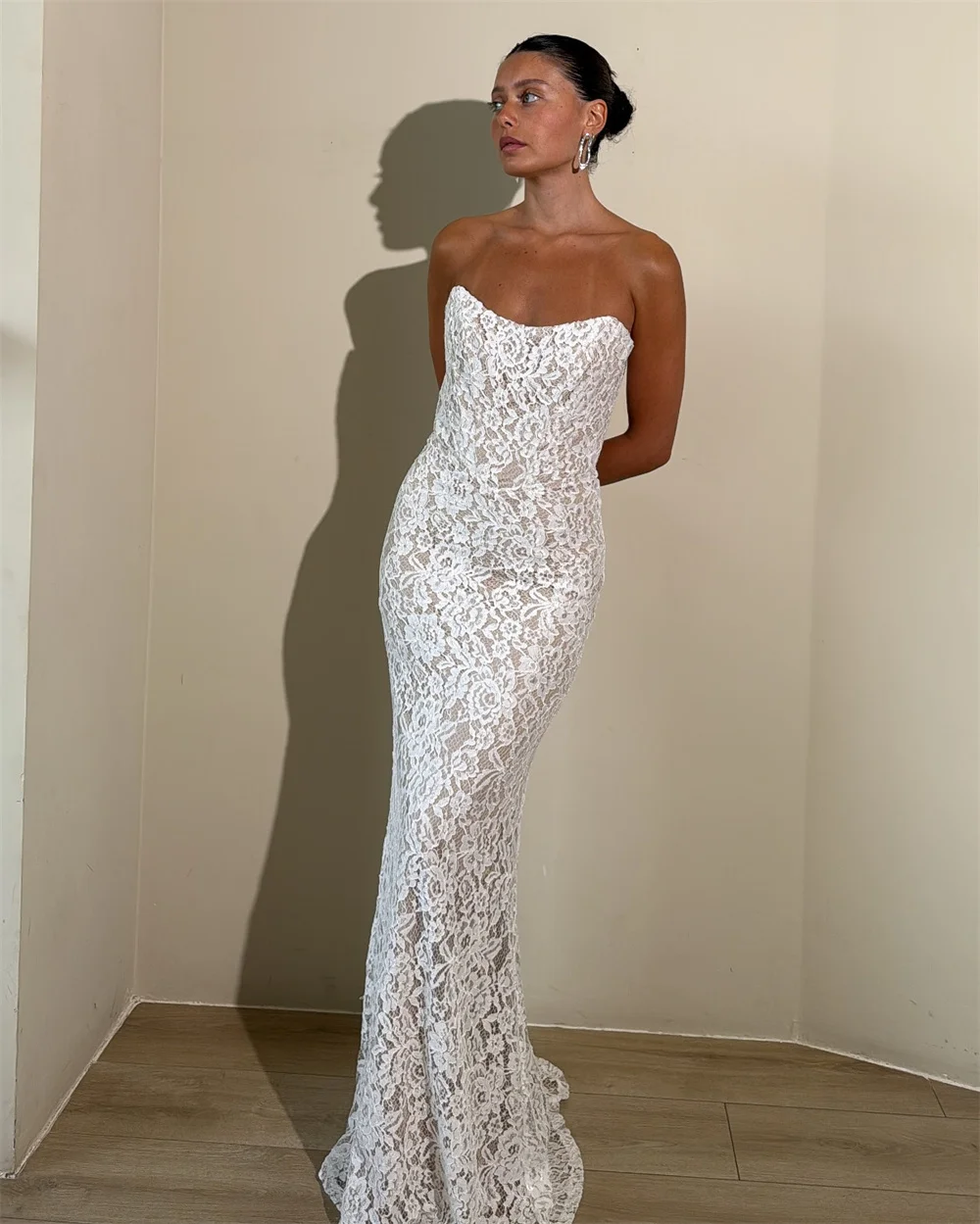 Suknia ślubna w stylu syreny, bez ramiączek, z białej koronki, szyta na miarę w Kiotoku, elegancka, bez rękawów, vestidos de noche, długa do podłogi, formalna suknia wieczorowa.