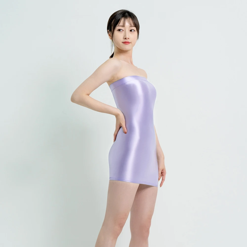 MJINM Damen Sommer Sexy Öl Glatte Wickel-Gesäßkleider Stretch Eng Trägerlos Eng Figurbetont Satin Strand Spandex Kurzer Rock