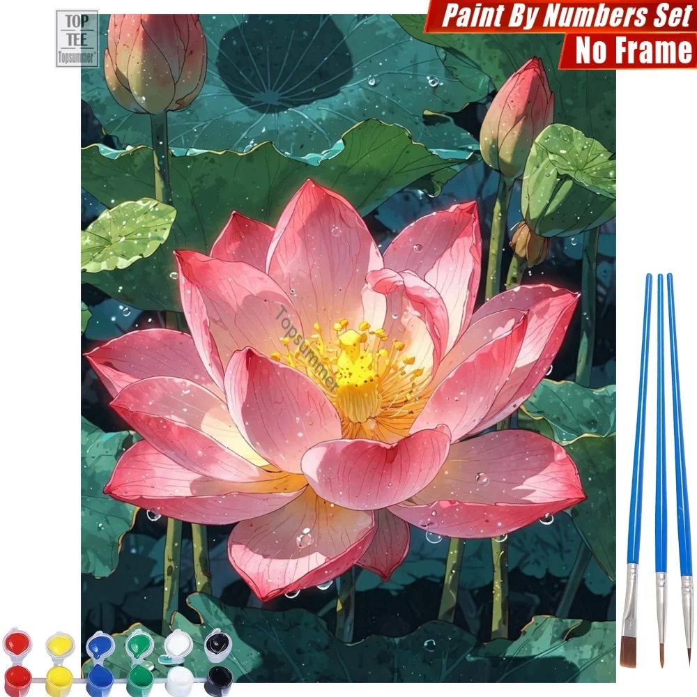 Kit de Pintura por Números DIY Fresh Dew Lotus - Pétalos Rosados, Calidad Superior, Tiempo en Familia, Regalo para el Día de la Madre, para Esposa