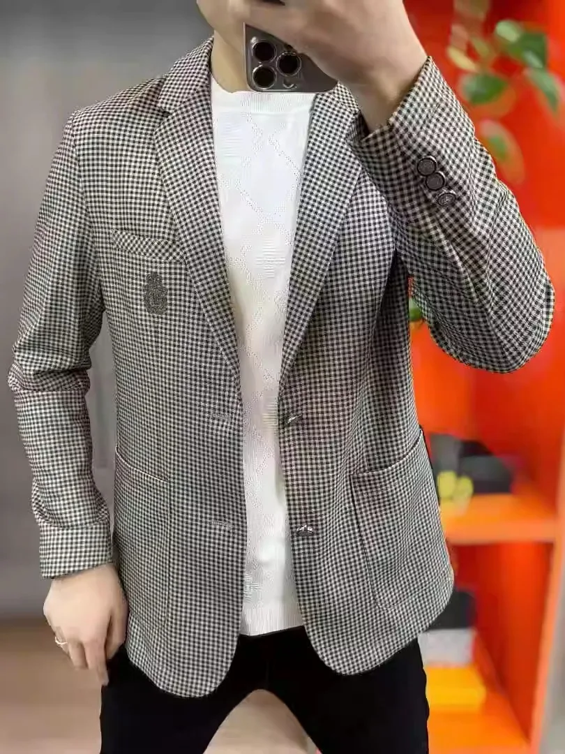 

Spring Autumn Men's Plaid Slim Fit Casual Faion Briti Sle Suit Jaet Classic Simple Design Busin Casual Outerwear