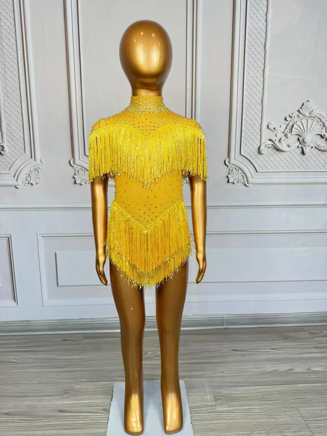 

Kids Latin Dance outfit Performance Festival OutfitYellow Rhinestones Fringed Bodysuit Jazz DanceCostume Stage Group D219