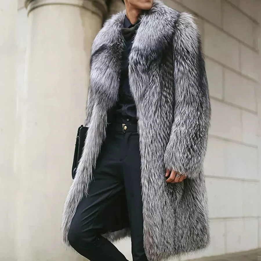 Fashion Luxury Men Clothes Natural Fox Fur Coat  Real Sliver Fox Fur Long Coat New Suit Collar