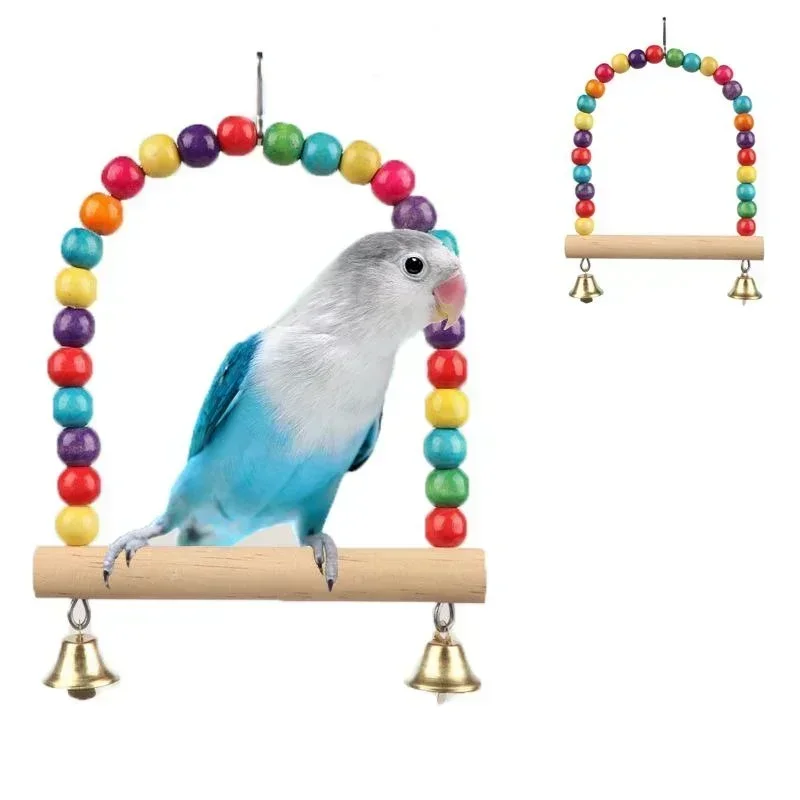 

Parrots Wooden Stand Swing Toy Birds Hanging Swings with Colorful Beads Bells Cage Hanging Swings for Birds