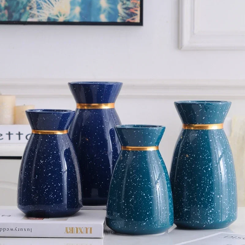 

1pc Dotted Design Flower Vase Blue Navy Ceramic Flower Pot with Golden Ring Modern Home Decoration Tabletop Vase