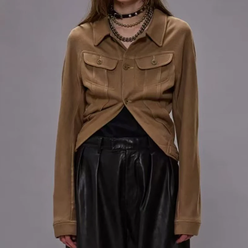 

Women's knitted fabric shirt, heavy-duty personalized pleated retro collar top, high-quality shirt, 2025, fall, new style