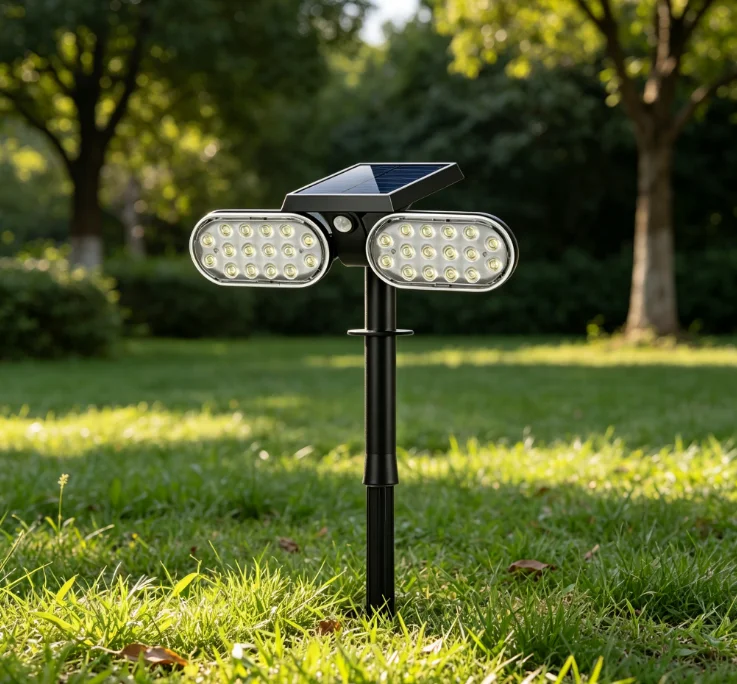 Solar powered human body sensing outdoor lawn and courtyard lights with 360 degree rotation