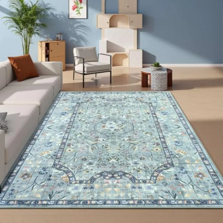 

3x5 Area Rug for Bedroom Washable Rugs for Living Room Laundry Kitchen Floral Indoor Non Slip Carpet Farmhouse Blue Throw Carp