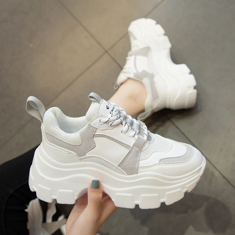 New Casual Female Women\'s Chunky Sneakers Thick Bottom Platform Shoes Fashion Breathable Running Shoe white shoes women shoes