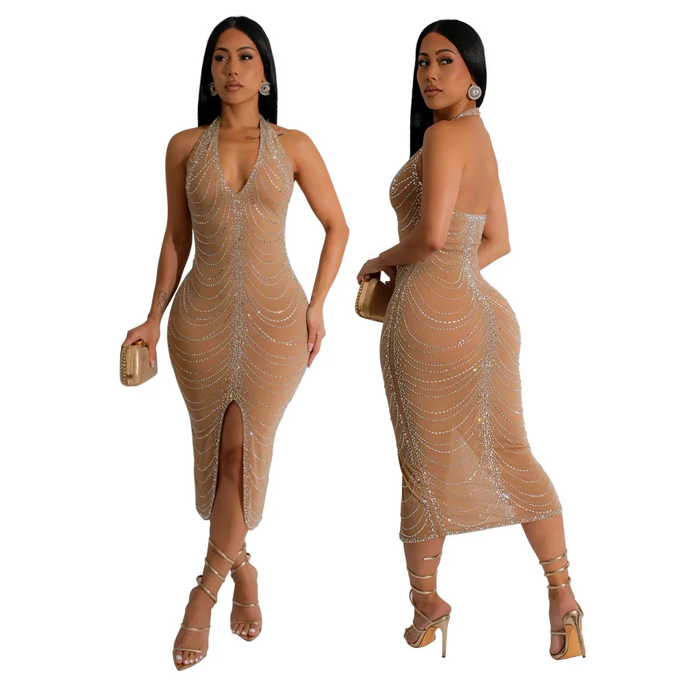 Kristal Vrouwelijke Kleding Avond Maxi Jurk Sexy Party Club Hot Stamping Sexy Backless Strakke Split Jurk Voor Vrouwen Outfits