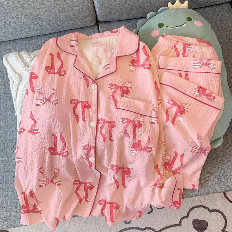 Women's Winter Bow Print Pajama Set - Women's Long Sleeve Loungewear Set