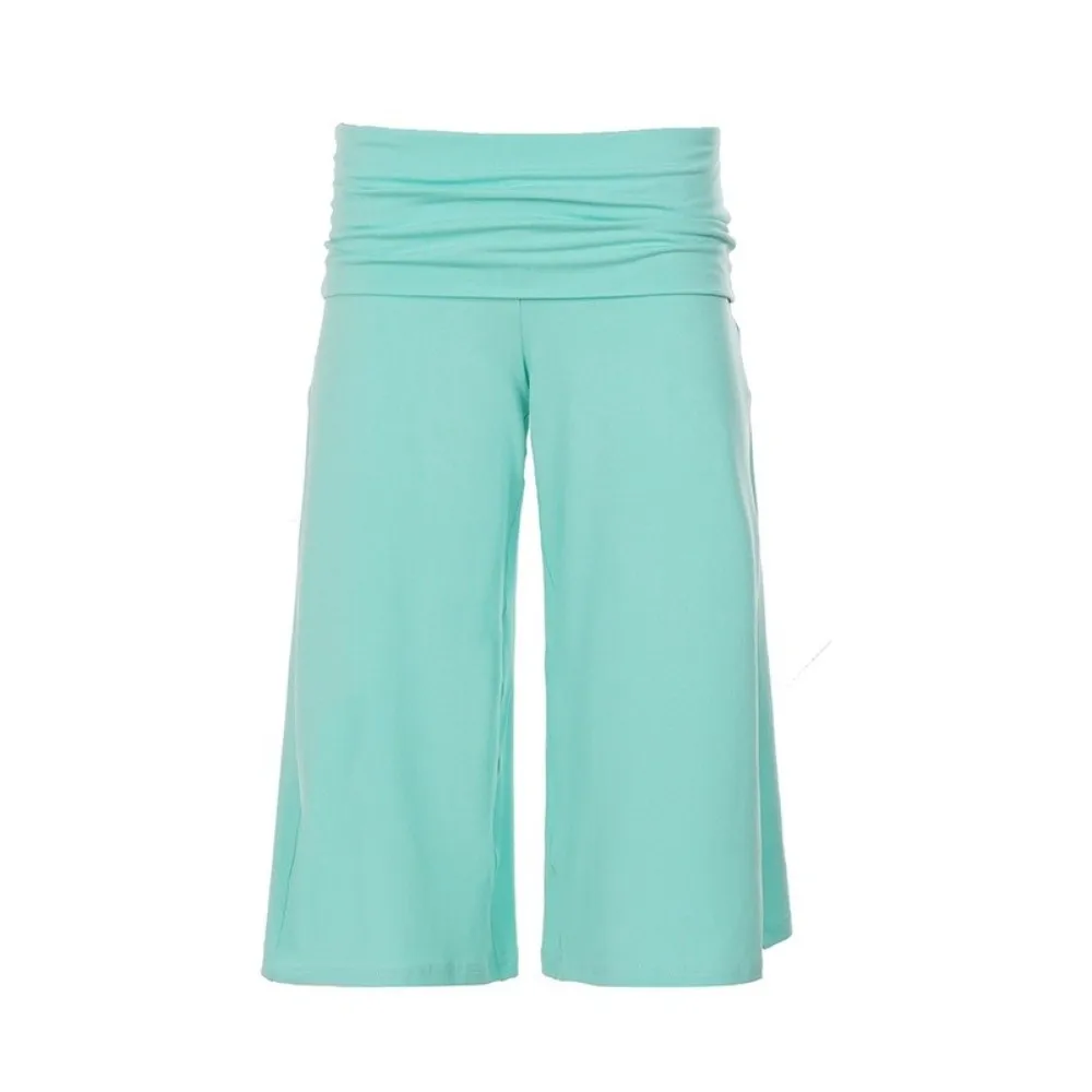 Fold Over Waistband Wide Leg Capri Pants Stretch Fabric Cropped Length Fold Over Palazzo Pants Low Rise Fit Flowy Silhouette