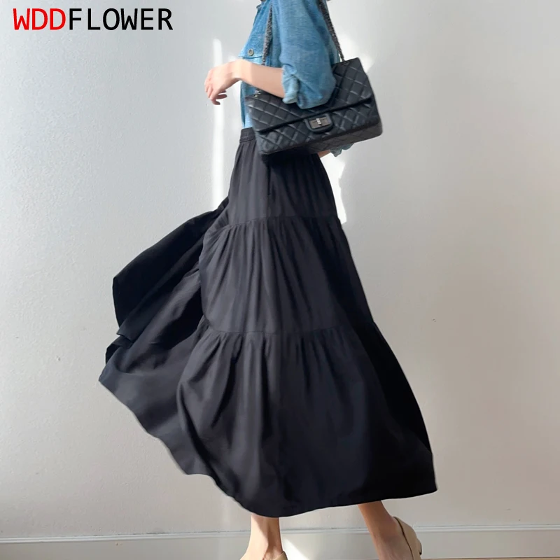 Women Silk Skirt 70% Mulberry Silk 30% Cotton Solid Colors Black Gray White Long Type A-Line Skirts Summer Beach Big Hem M1103