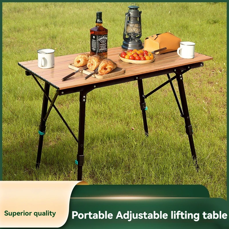 Outdoor Aluminum Alloy Folding Table Wood Grain Roll Top Camping Table Portable Adjustable Height Picnic Camping Egg Roll Table