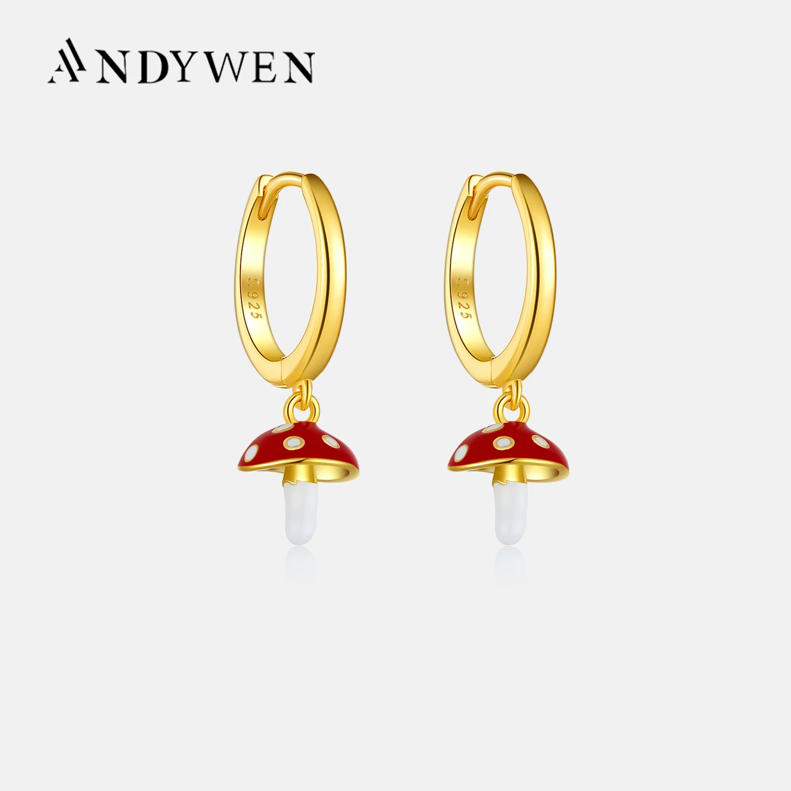 ANDYWEN 925 Sterling Silver Gold Enamel Red White Mushroom Drop Earring Piercing Clips Wedding Gift Rock Punk Fine Jewelry