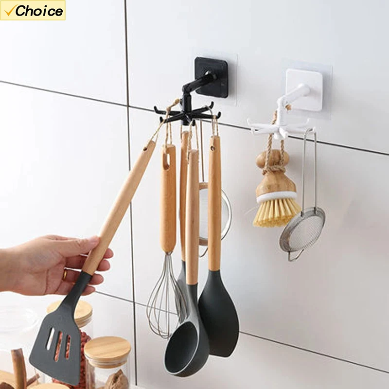 360 Degree Rotation Six-claw Hook Kitchen Storage Organizer Wall-mounted Hook Shovel Multi-function Nail-free Adhesive Hook Rack