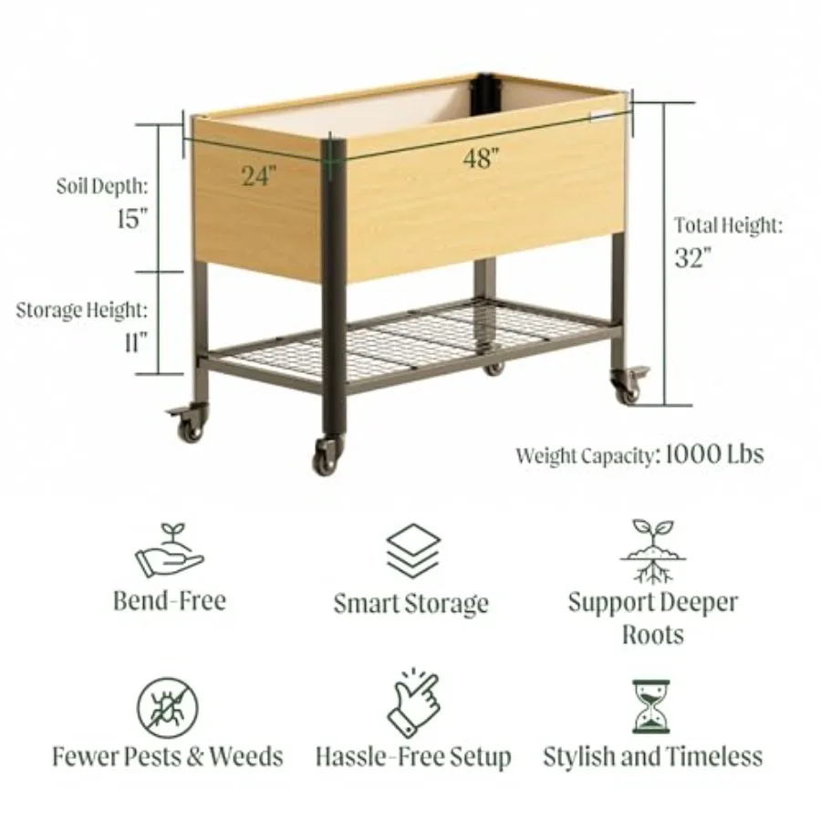 Outdoor gardening: metal woodgrain elevated planter box with legs storage rack, brown, 1000 lbs capacity, for herbs, flowers, v