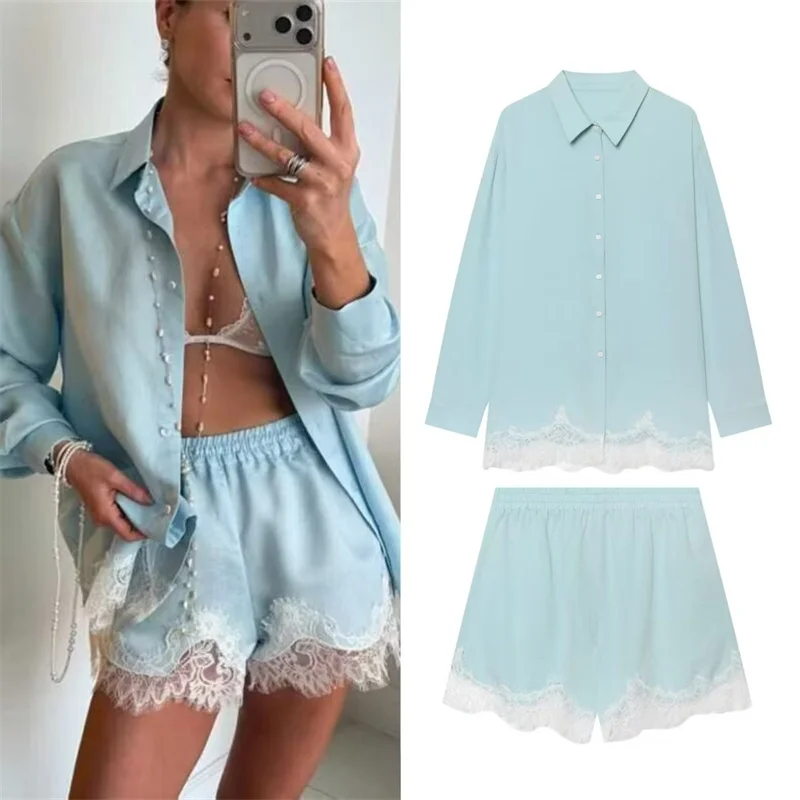 

2026 Summer New Women's Suit Light Green Long-Sleeve Lace-Trim Loose Shirt and Shorts Set Casual Vacation Relaxed