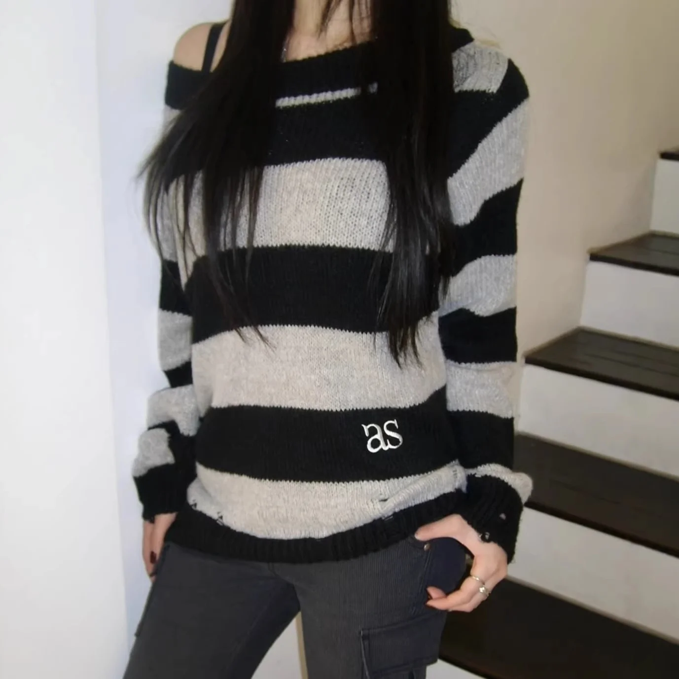 

Embroidered Hollow out Knitted irt oulder Cut out Design Long Sve One oulder Wear Thin Acrylic Women's Premium Faion