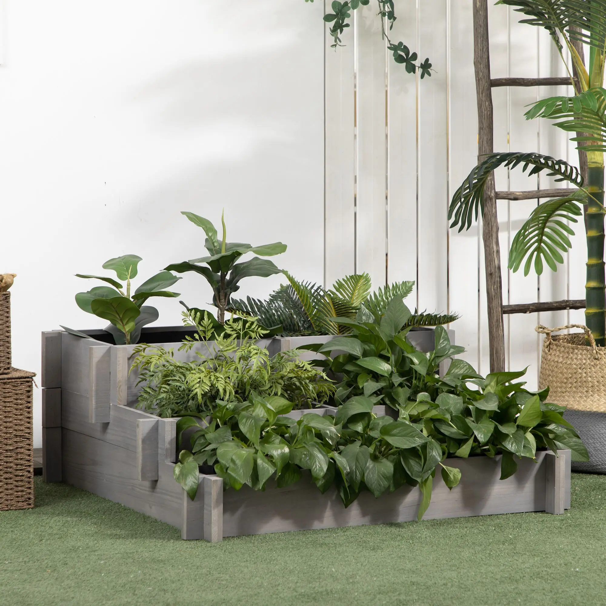 Raised Garden Bed, 3 Tier, 5 compartments, Draining, Wood Flower Box, Gray