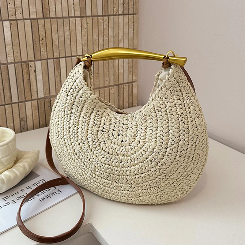 Summer Small Straw Handbag Trendy Shoulder Bag Round Crossbody Bag Casual Boho Beach Bag Animal Crocodile Handle Tote Clutch Bag
