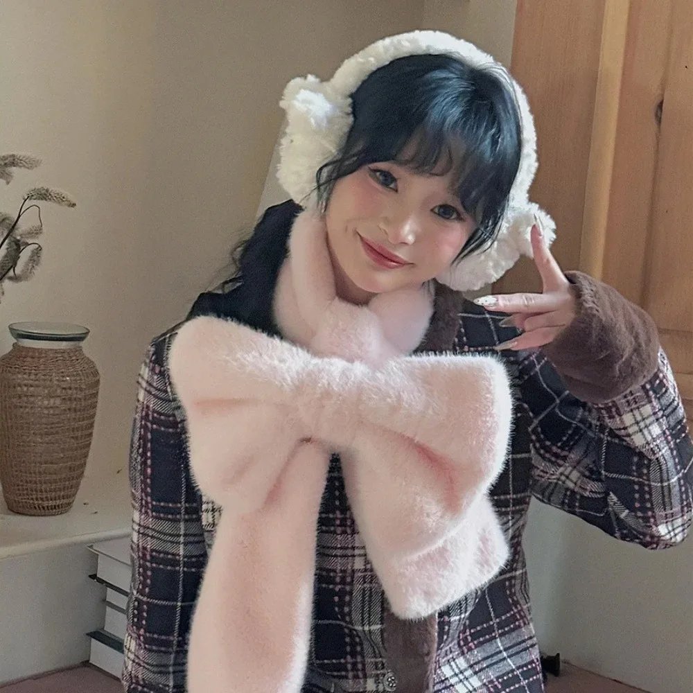 

Kawaii шарф с большим бантом, однотонный утолщенный шарф на шею, ветрозащитный теплый шарф для женщин и девочек
