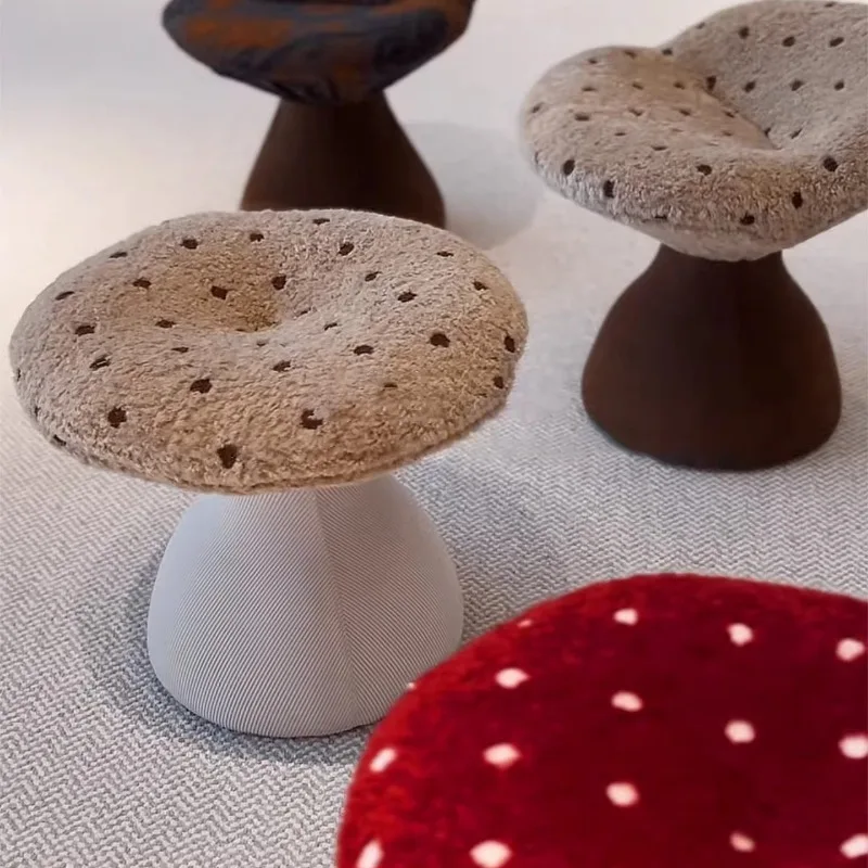 Designer Fluffy Lambswool Vanity Stool Cute Mushroom Shoe Changing Chair for Bedroom Round Makeup Seat Simple Home Furniture view 3