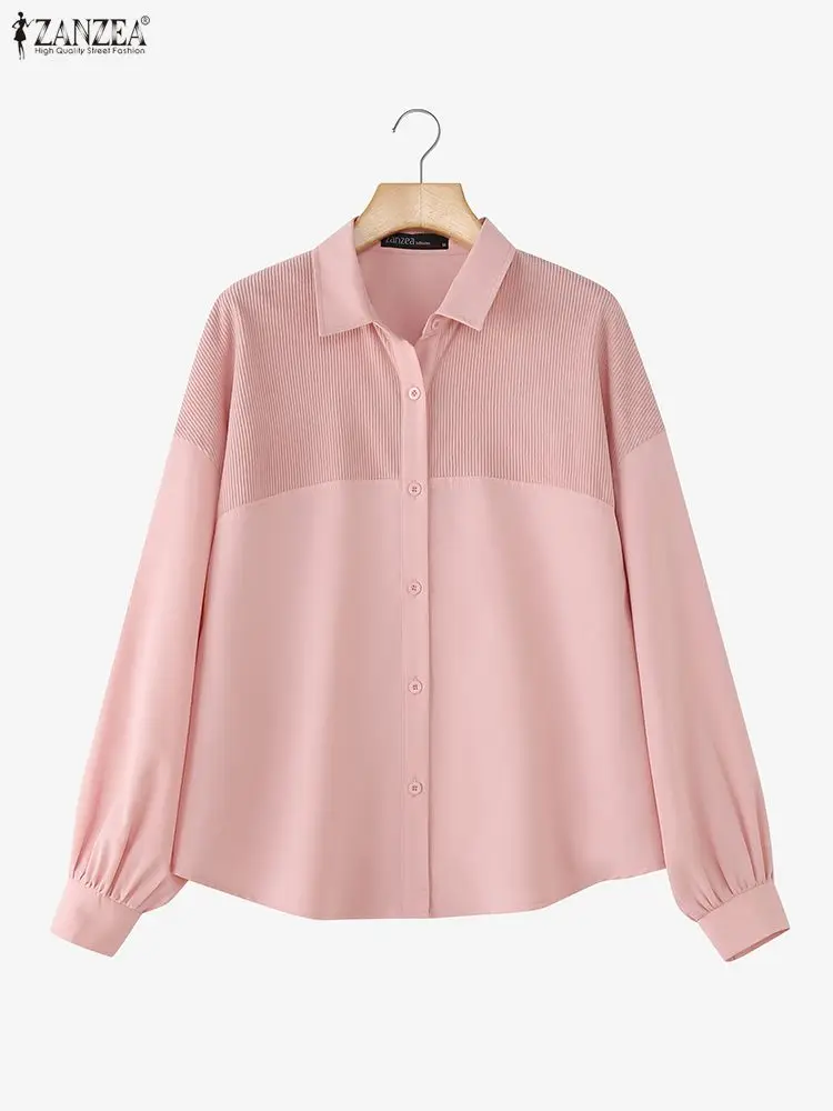 ZANZEA Women Lapel Neck Long Sleeve Blouse 2025 Autumn Spring Shirts Solid Button Blusas Female Work Tops Office Patchwork Shirt