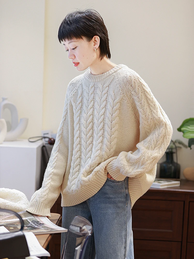 

Женский вязаный свитер из 100% шерсти на осень-зиму, свободный крой, комфортный, однотонный, с круглым вырезом, мягкий, теплый пуловер