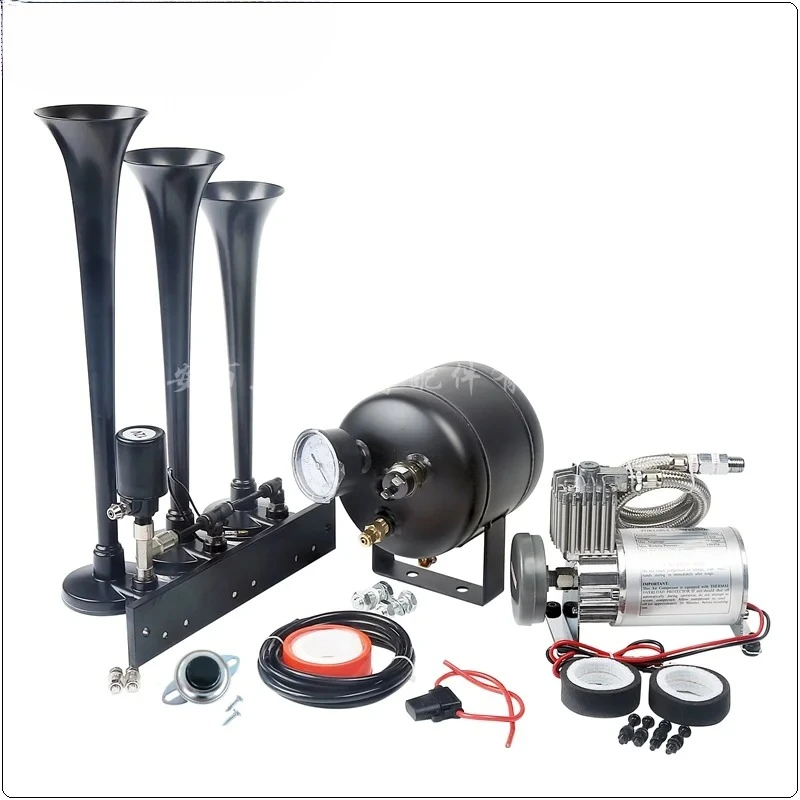 

12V 3Pipe Trumpet Mini Air Pressure Tank Kit Horn for Truck Boat Train Marine AS190+AS098AB