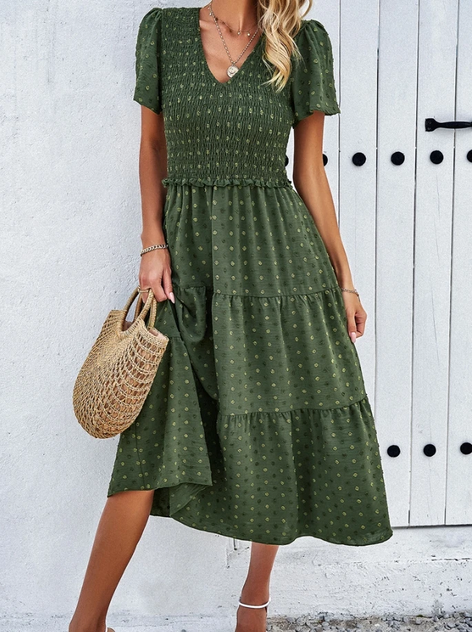 Women's Summer Dress 2024 New Elegant Casual Versatile Temperament Casual Solid Color V-Neck Short Sleeved Dress