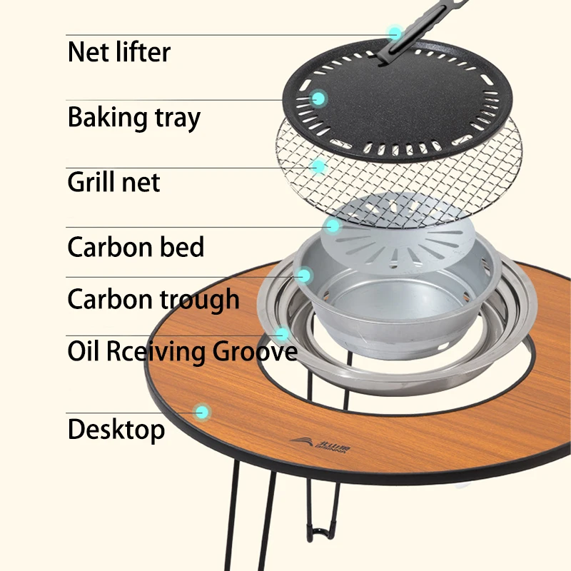 Outdoor Camping Barbecue Stove Set Portable Wood Grain Round Table Barbecue Stove Foldable Camping Stove For 4-6 People