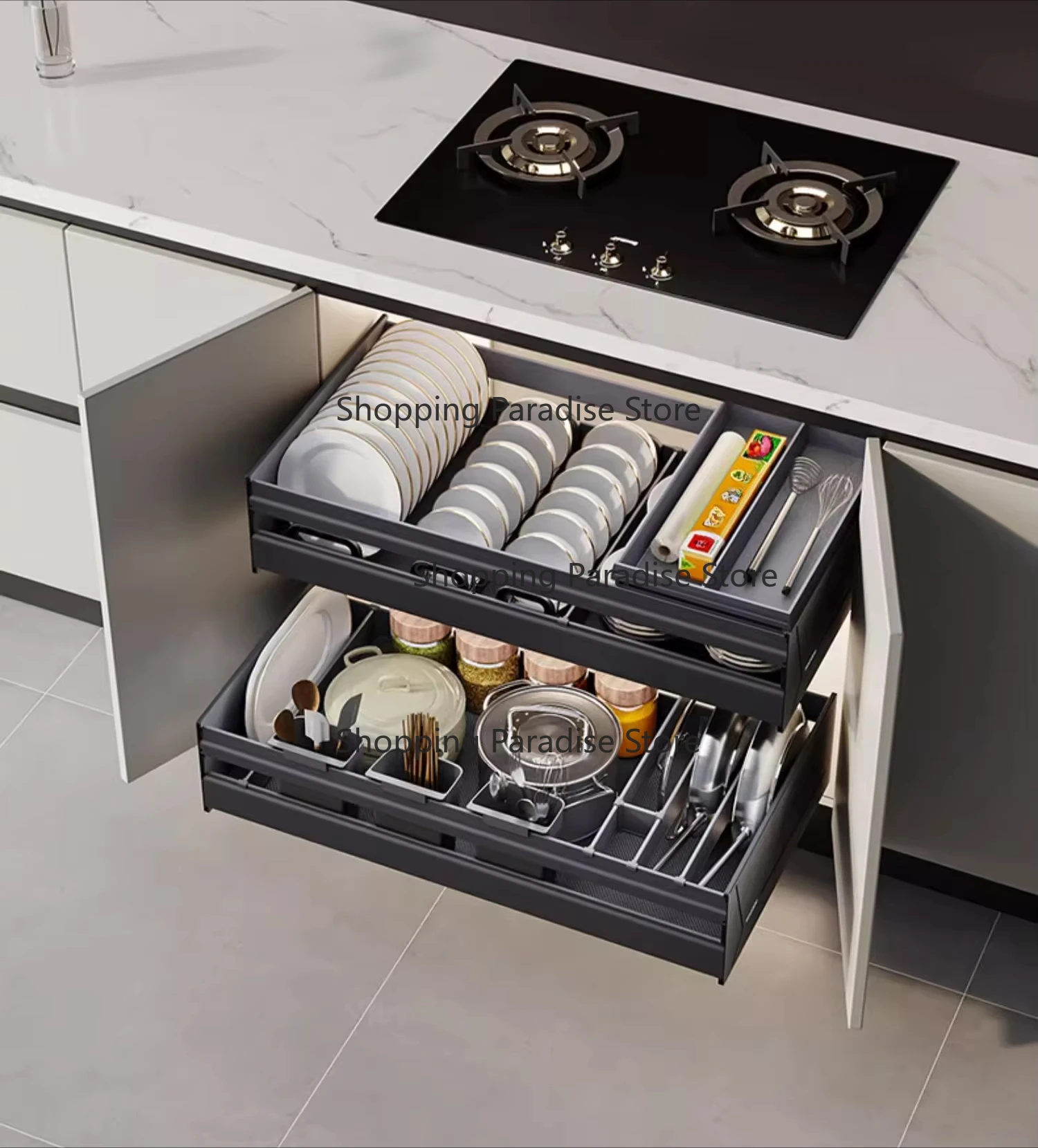 High End 2-Drawers Slide out Cookware Pullout Baskets Cabinet Bowls Organizers Slide out Cabinet Pullout Storage