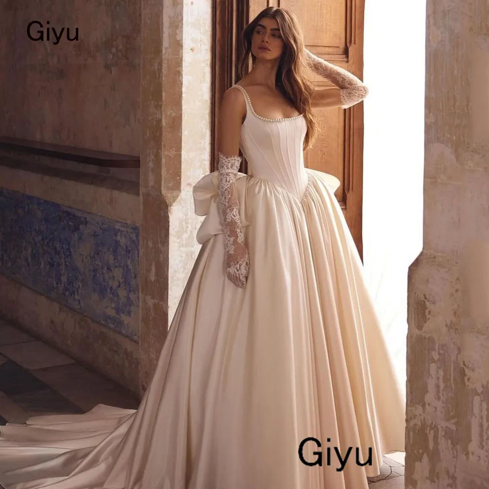 Giyu Modern Style Pearls Wedding Dress For Woman Big Bow Square Collar Floor-length Vestidos Novias Boda Bridal Gown