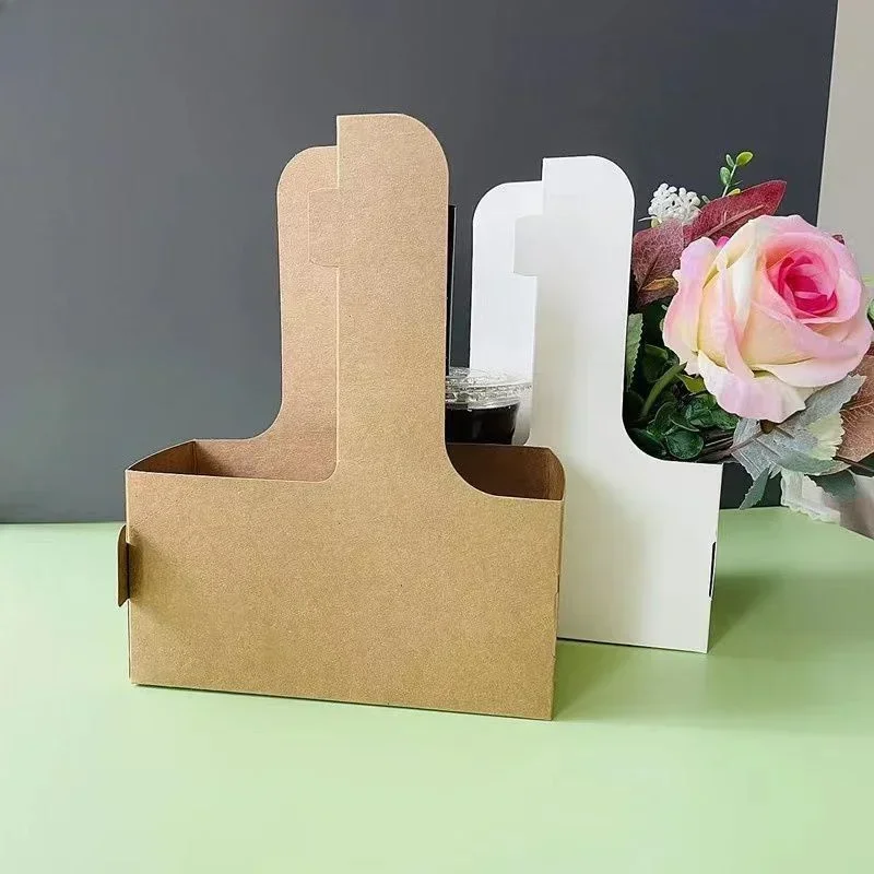 

Kraft Paper Disposable Hand-held Cup Holder 2-cup Coffee and Juice Packaging Box Milk Tea Beverage Takeaway Packaging Tray