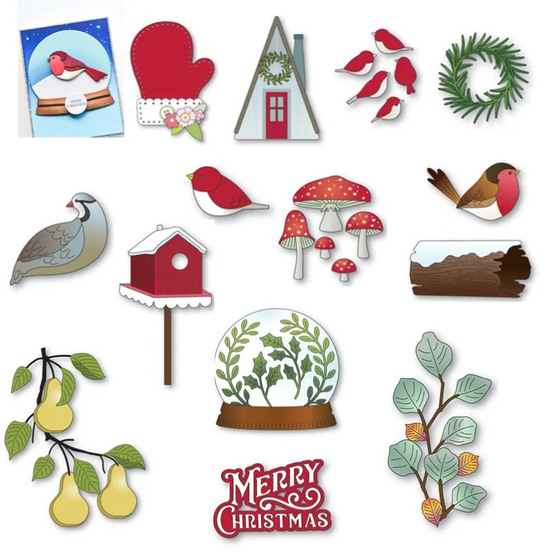 Birdhouse Snowy Partridge Pear Christmas Bird Log Mitten Metal Cutting Dies Stamps Scrapbooking Make Photo Album Card DIY