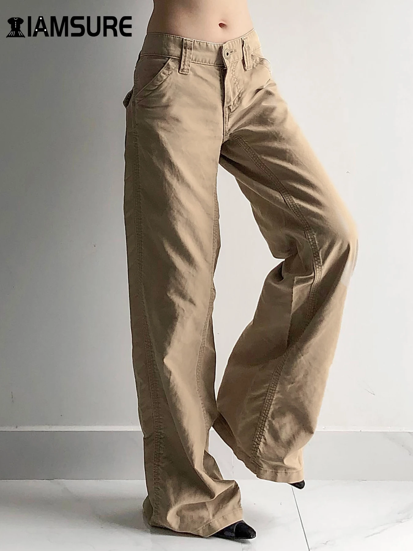 IAMSURE Casual Solid Folds Straight Cargo Pants Safari Style Loose Mis-Waisted Wide Leg Pants Women 2024 Summer Streetwear Lady