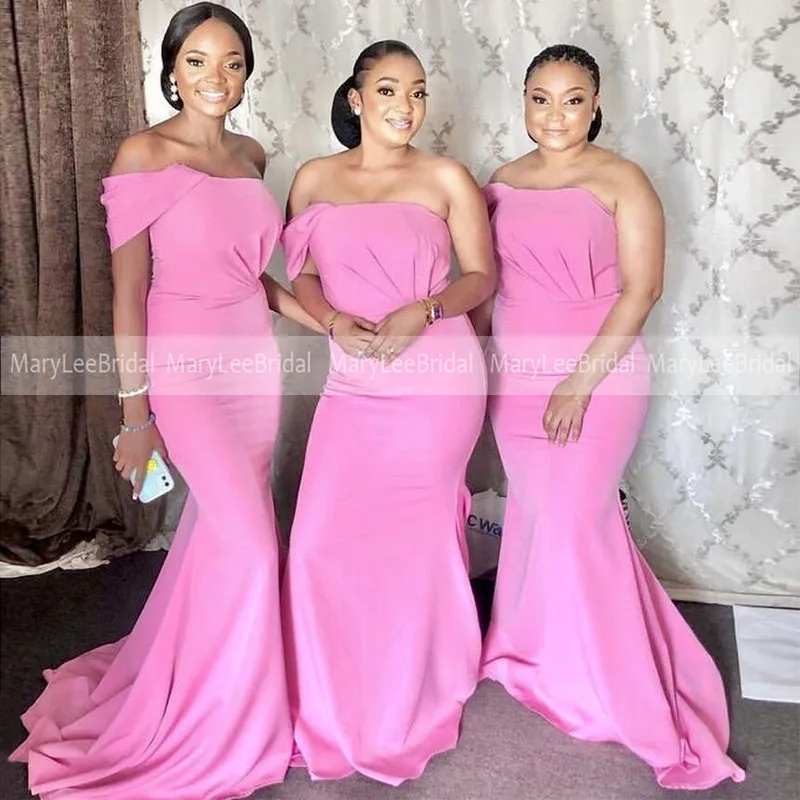 

Cheap Mermaid Bridesmaid Dresses 2022 One Shoulder Long Pink Pleat Satin Maid Of Honor Gowns Women Wedding Reception Dress