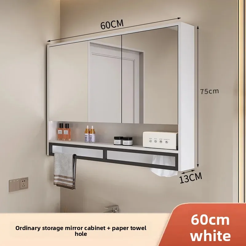 خزانة مرآة الحمام مع رف تخزين، وإضاءة LED، وسبائك الألومنيوم، وخزانة أدوية مقاومة للماء مثبتة على الحائط مع قضيب منشفة #5