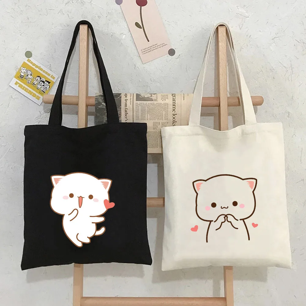 Bonito dos desenhos animados coelho urso bonito animal coração mulher lona sacos de ombro harajuku bolsas totes eco shopper algodão sacos de compras