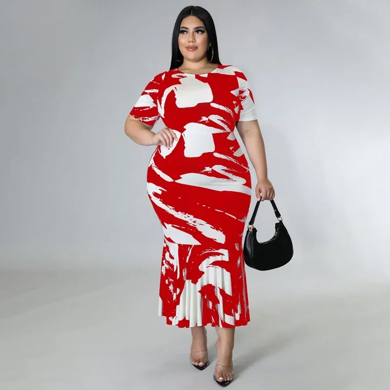 KEXU Plus Size Print Bodycon Maxi Dress Women Summer Clothes O Neck Short Sleeve Sexy Ruffles Party Dresses Clubwear