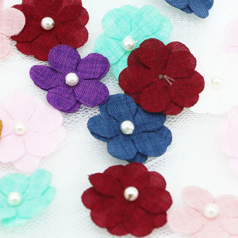 (20 Pcs/pack) 25mm Five Petal Flower Patch Double Layer Fabric Flower Mixed Color Pearl Petal Decoration Girl Headwear DIY