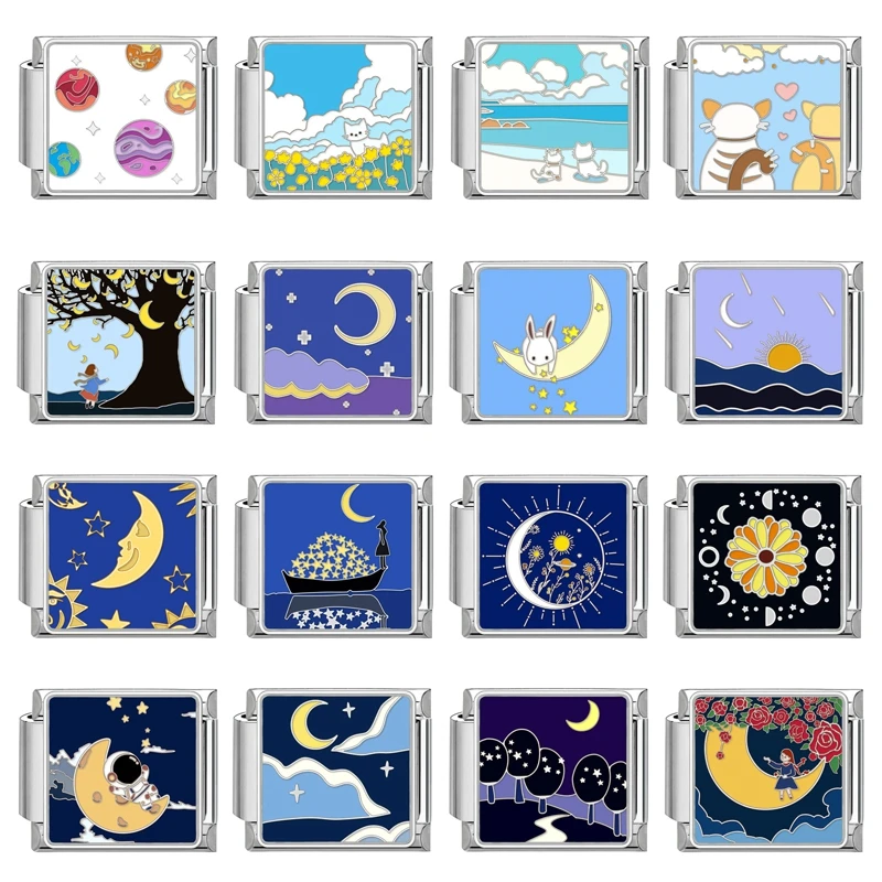 روابط سحر إيطالية على شكل قطة وأزهار وكوكب ونجوم القمر والسماء الزرقاء الليلية تناسب سوار من الفولاذ المقاوم للصدأ بعرض 9 ملم للرجال والنساء هدايا يدوية الصنع 2026 - 2