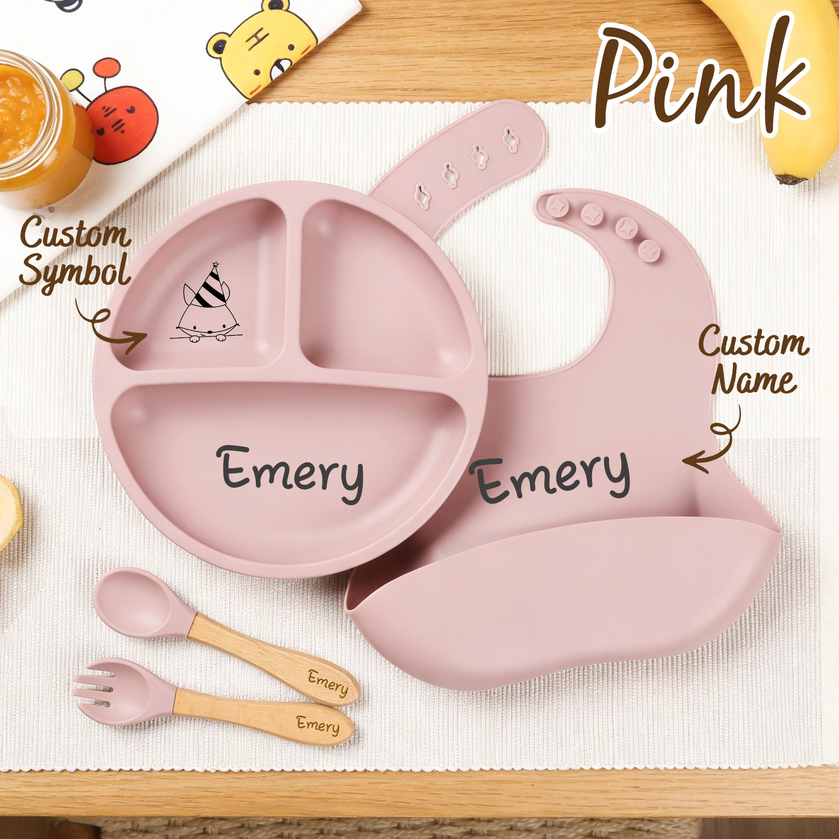 4pcs Personalized Name Silicone Baby Feeding Set :Baby Shower Birthday Gift For Toddlers