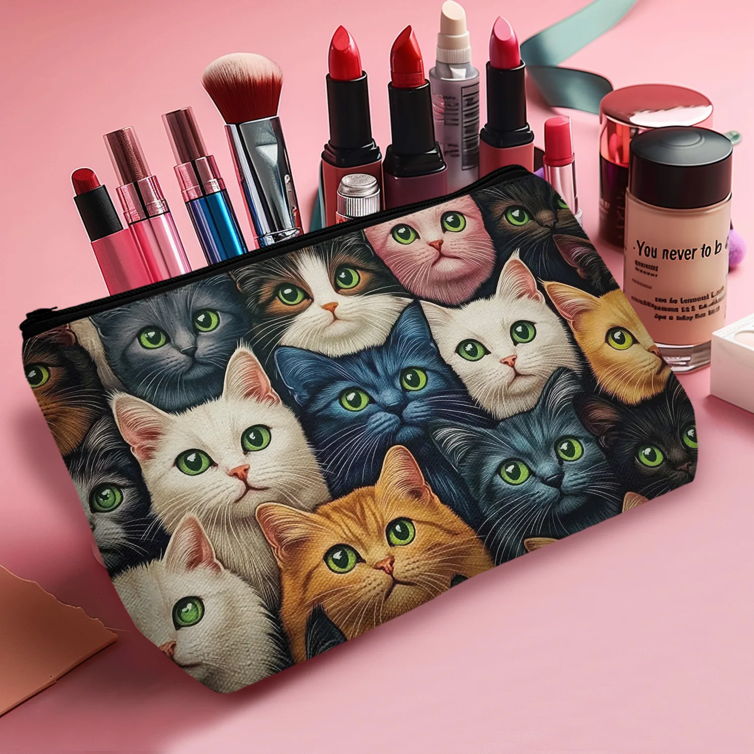 1Pc Vivid Cat Color Cosmetic Bag Durable And Stylish With Zipper Portable Women Cosmetic Bag Suitable For Outdoor Travel Leisure