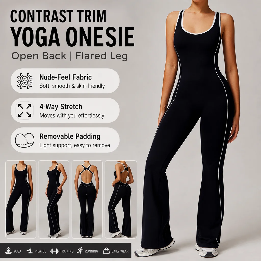 Women's Contrast Trim Open Back Flared Yoga Onesie - Removable Padded Yoga Bodysuit, Multiple Colors, S-XL