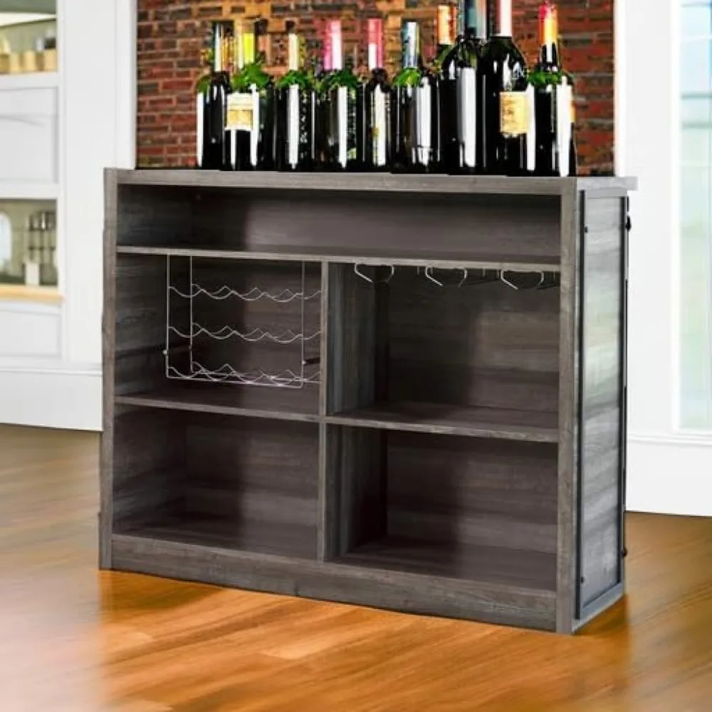 Rustic Farmhouse Style 5-Shelf Home Bar Cabinet for Wine and Liquor Storage in Aged Oak Finish