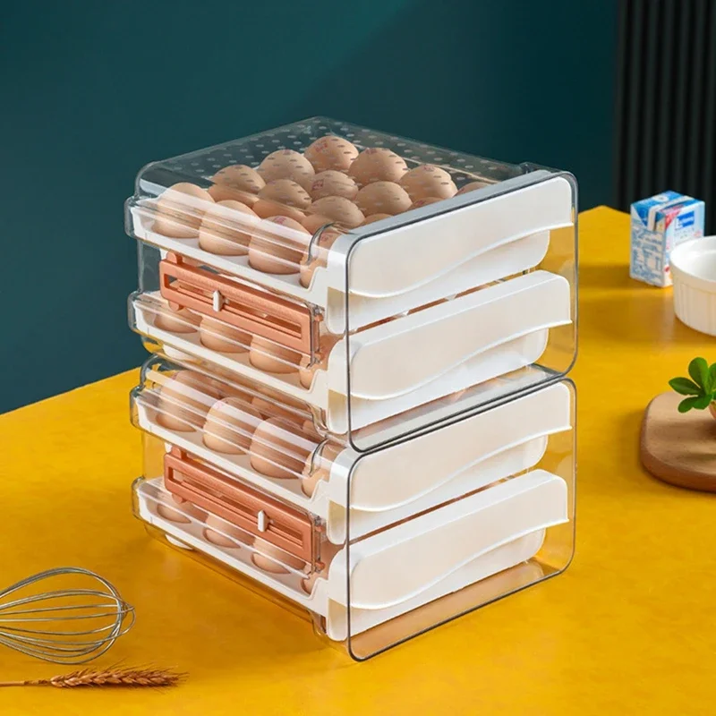 Egg Organizer for Refrigerator with Time Scale Stackable 2-Layer Egg Drawer Clear Egg Storage Holder Large Capacity