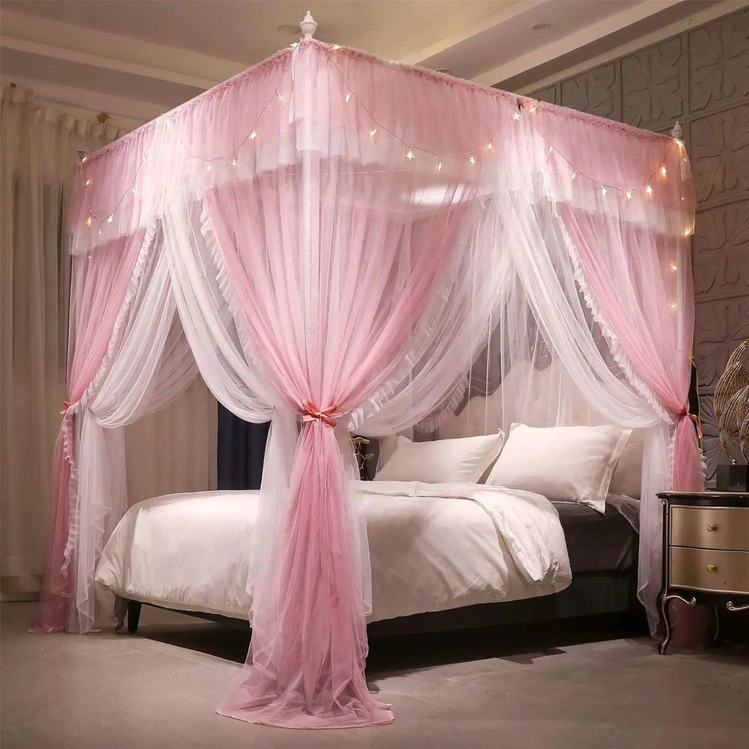 

4 Corners Post Ruffle Princ Bed Canopy Ain-Double Layer Cozy Drape Netting 4 Opening Mosquito Net For Girls Adults Bedroom