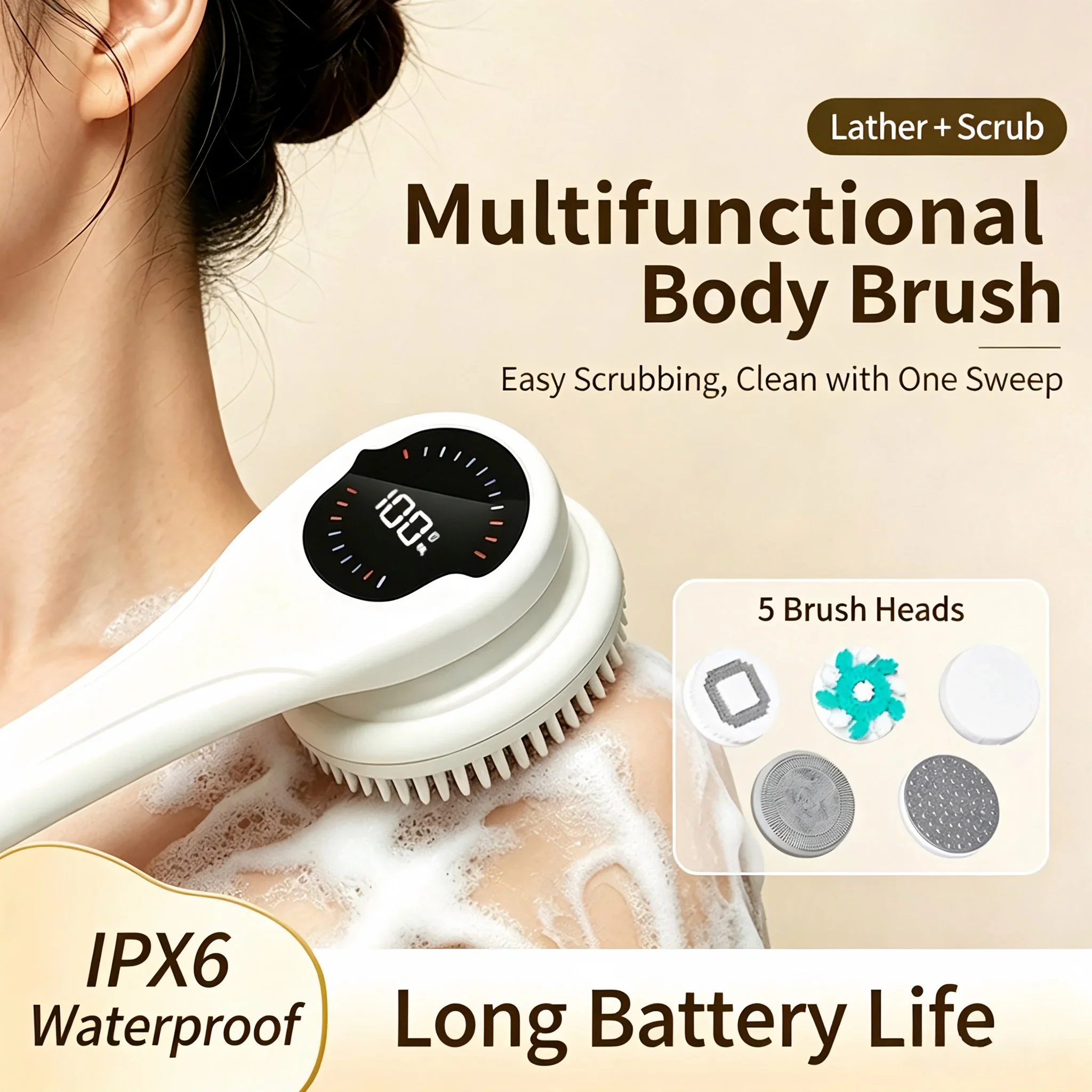 Electric Body Brush Back Skin Scrubber for Shower Waterproof Bath Brush with 5 Heads 3 Levels for Cleansing and Massaging Skin