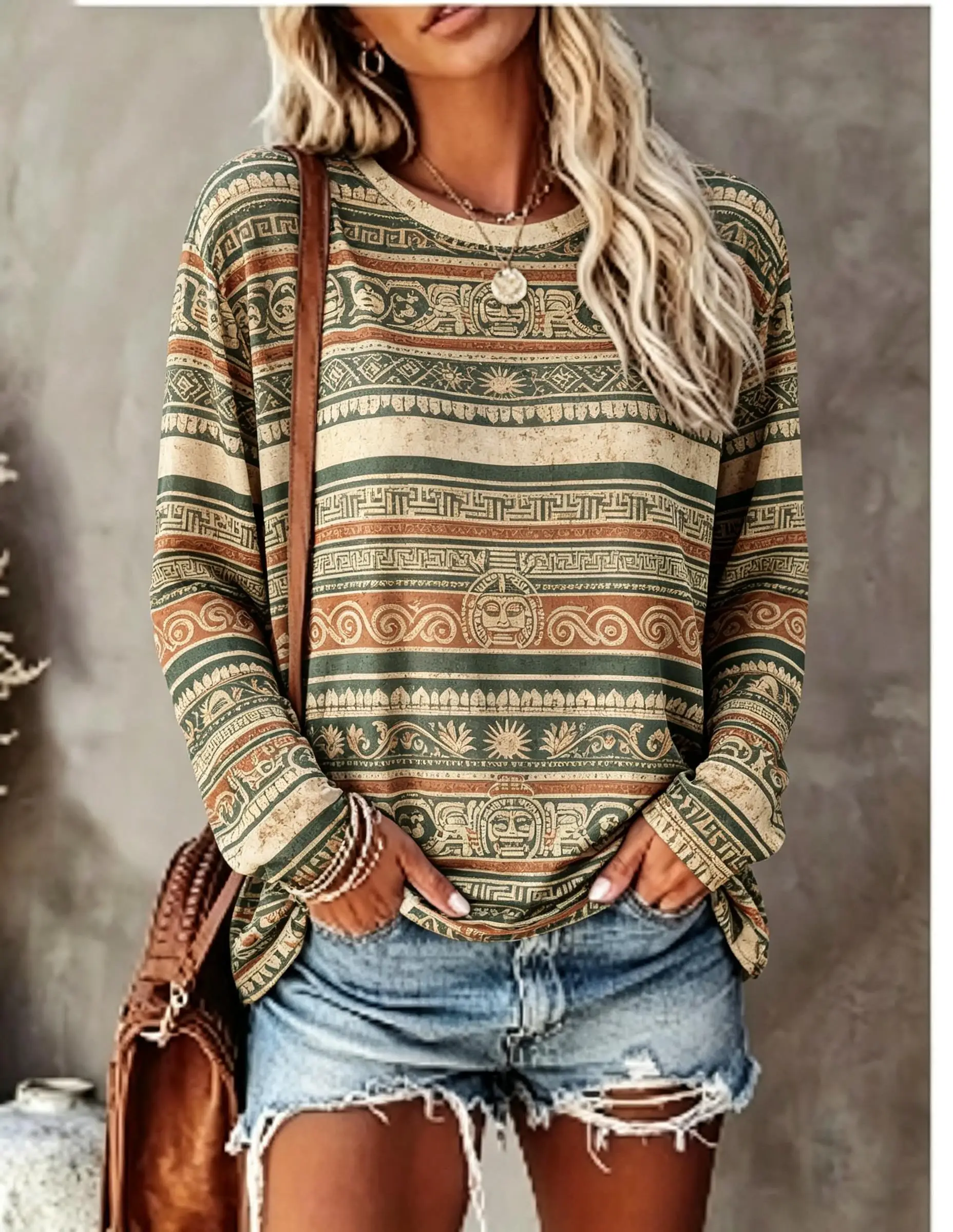 Women Long Sleeve T Shirt Vintage Blue White Aztec Geometric Stripe Print Crew Neck Casual Fall Tops image 2